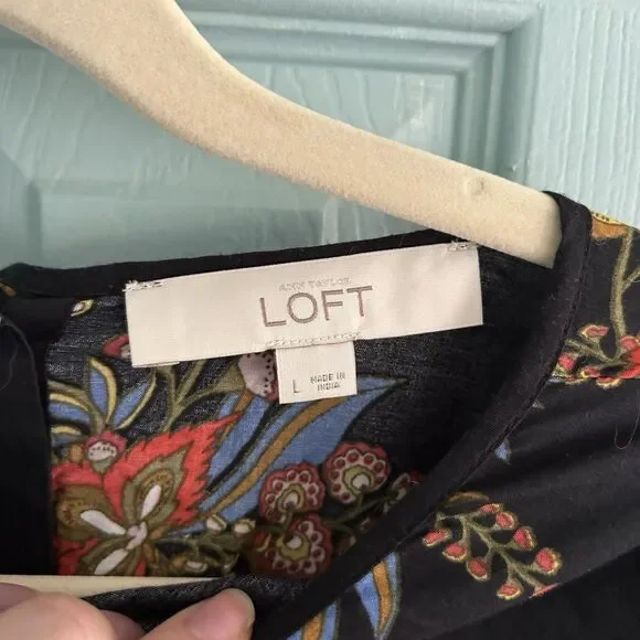 LOFT Womens Floral Puff Sleeve Blouse Large Button Back Cottagecore Black Blue - Picture 4 of 13